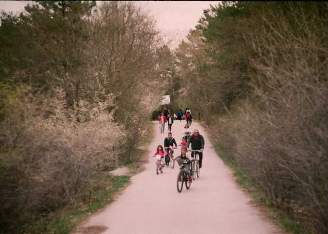 Cyclistes sur un chemin de terre, en pleine nature, entourés d'arbres et de buissons
